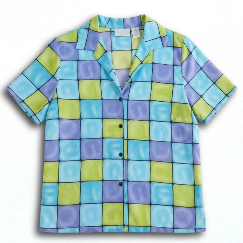 Worthington Petite Geometric Grid Button Up Blouse Blue Green Purple PM Vintage